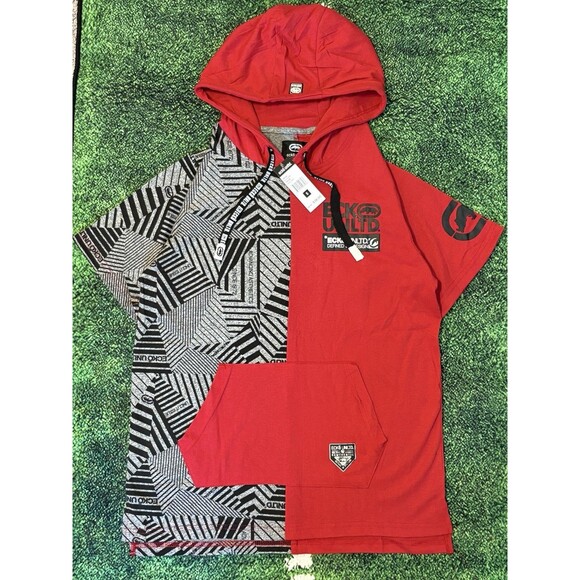 Size XL - Echo Unltd Grey/Red Short Sleeve Hoodie - Picture 1 of 4